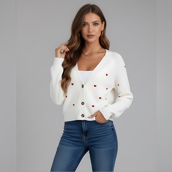 Beige Frenchy Heart Embroidery Button Front Cardigan - Picture 5 of 11